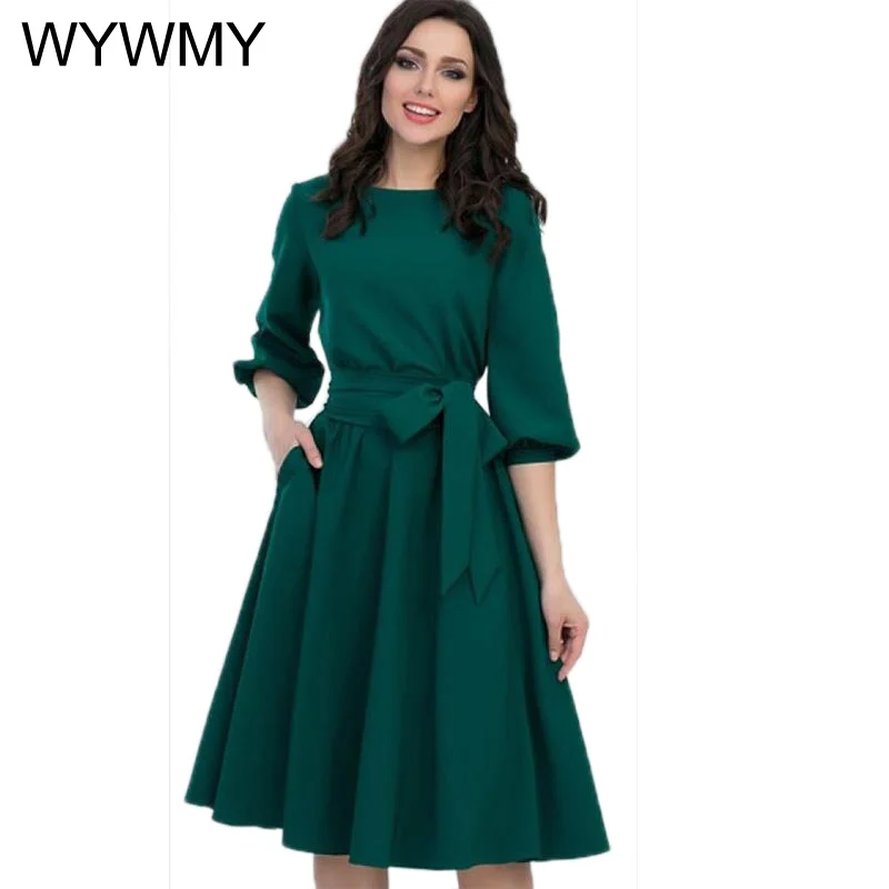 

WYWMY Autumn Vintage Soild Lantern Sleeve A-Line Dress Women Elegant O-Neck Half Sleeve Pocket Sashes Knee-Length Casual Dresses