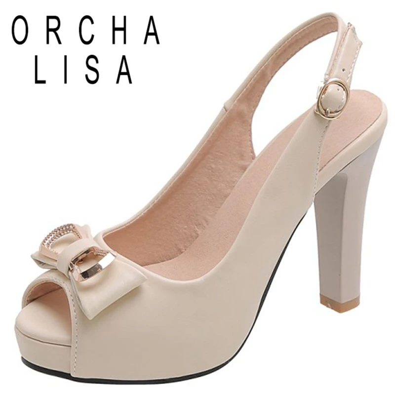 

ORCHA LISA Sexy Summer Heeled Sandals Peep Toe 10cm Thin High Heels Bowtie Metal Platforms Buckle size 32-43 Leisure Date C1928