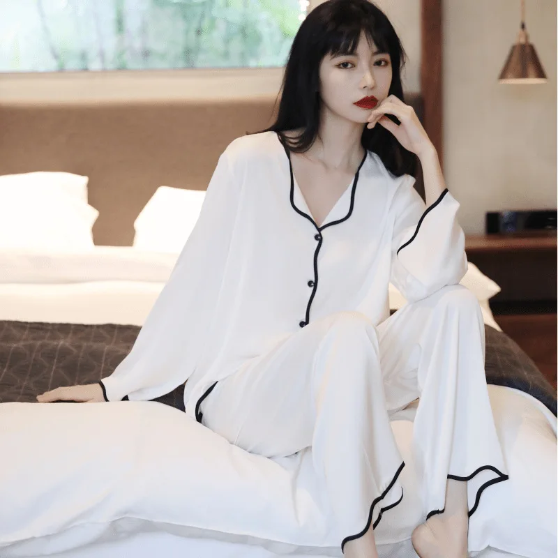2021 New Spring Summer Ice Silk Women's Pajamas Sets Silk Loose Cardigan Thin Color Nightwear Home Wear Sexy Sleepwear Nightgown