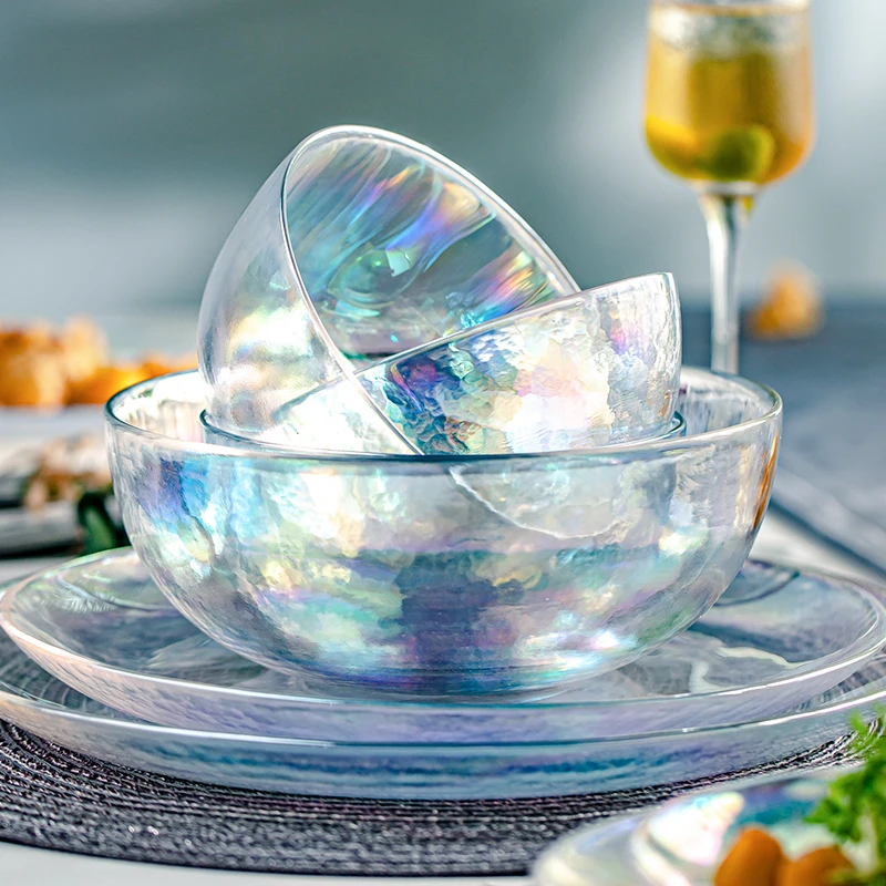 

Transparent Colorful Glass Bowl Plate Set European Dinnerware Fruit Salad Steak Deep Plate 12inch Snack Nut Plate