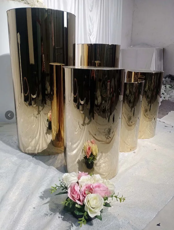 

Stainless steel titanium mirror wedding props cylindrical dessert table Wedding Table decorative cake rack