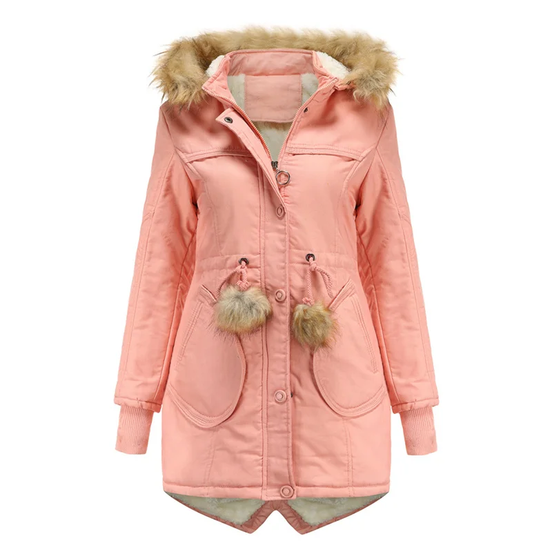 Женская хлопковая куртка с капюшоном Повседневная парка цвета хаки розового