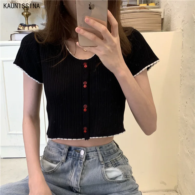 Эластичный укороченный топ с коротким рукавом женская летняя облегающая