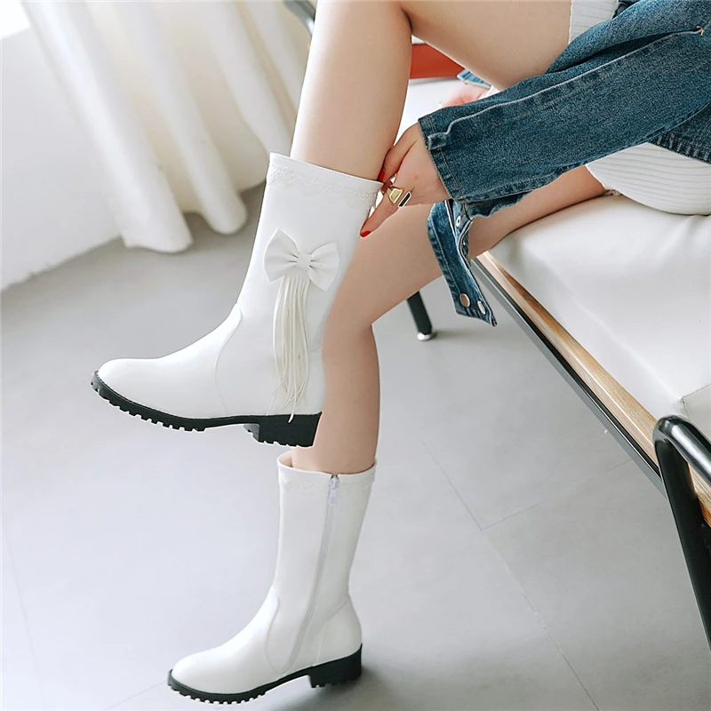 

Cresfimix Vrouwen Laarzen Women Cool High Quality Round Toe Pu Leather Bow Tie Comfort Autumn Boots Lady Casual Boots B6617