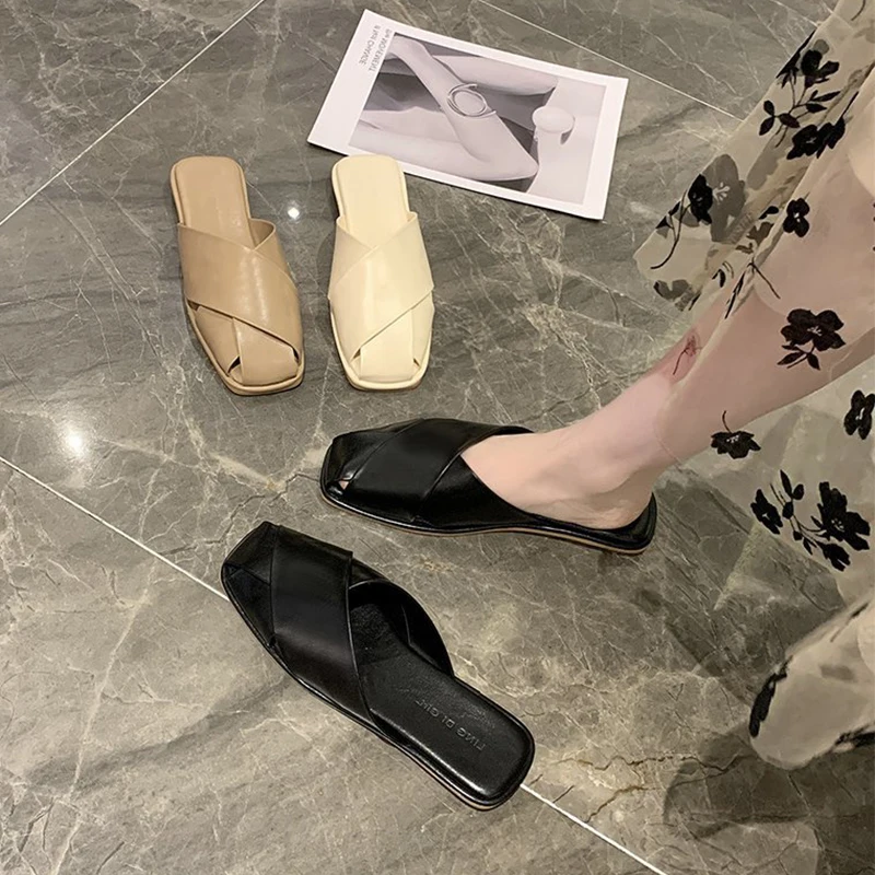 

Female Shoes Square Toe Ladies' Slippers Low 2021 Flat Cover Scandals Basic Slides Rubber Fretwork PU Cover Toe Shoes Slippers F