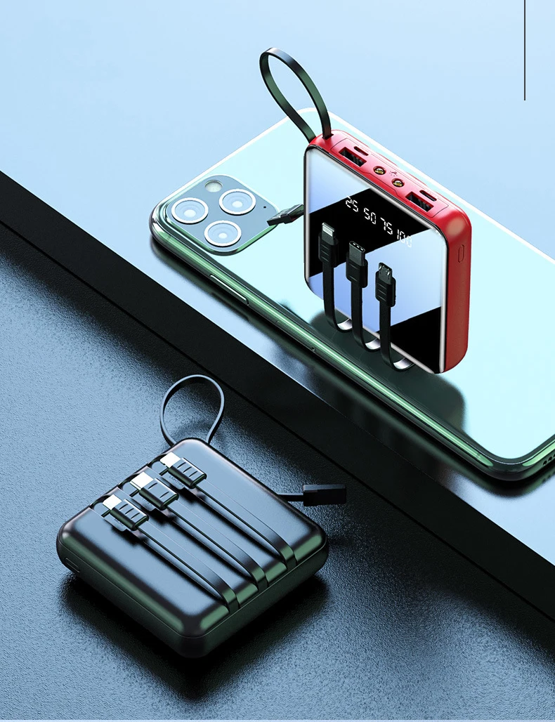 

Hot Sale Mini Power Bank Built in 4 Cable 20000mAh Portable External Battery Charger Powerbank For Mobile Phone