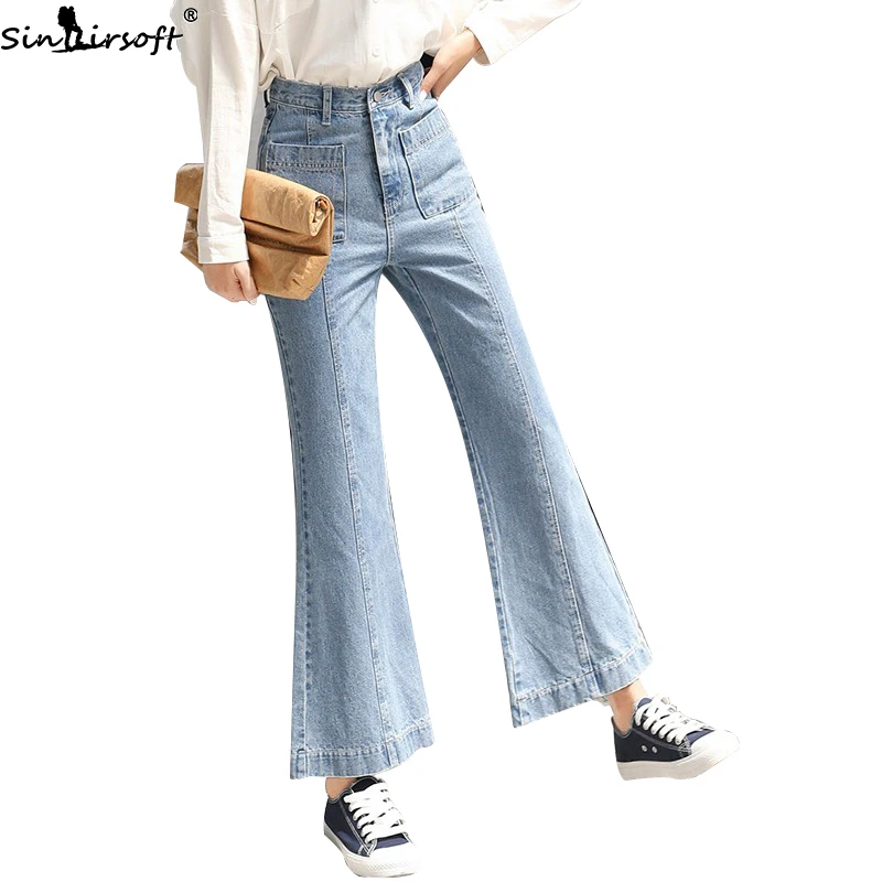 Высокая талия Модные Винтажные джинсовые расклешенные брюки Женские однотонные