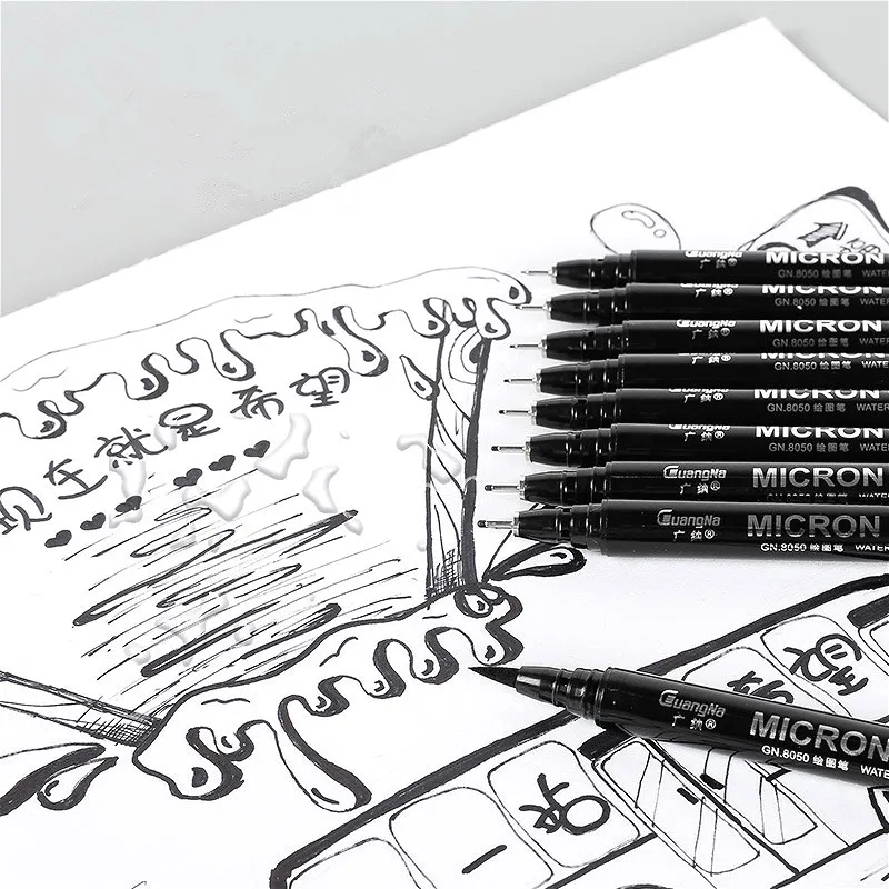 Ручка для черчения с чернилами Pigment Liner Ink Marker Pen 0.05 0.1 0.2 0.3 0.4 0.5 0.6 0.8 с различными наконечниками, чёрная, финишная, кистевая.