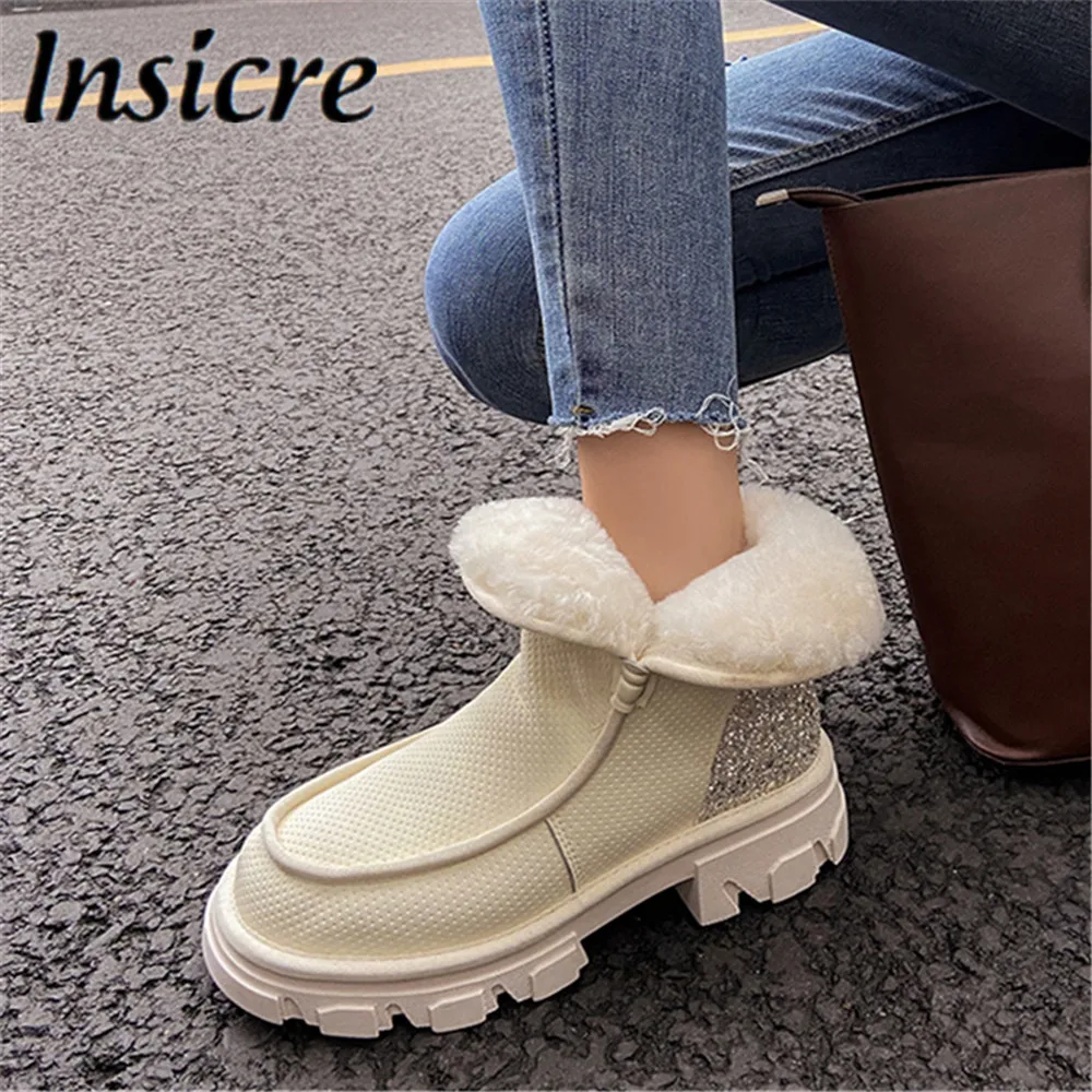 

Модные высококачественные кожаные теплые зимние ботильоны Insicre из 100% натурального меха и шерсти, повседневная обувь с круглым носком на тол...
