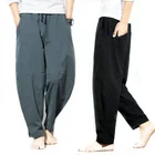 Брюки мужские однотонные из хлопка и льна, повседневные штаны свободного покроя, брюки-султанки с широкими штанинами и завязкой, большие размеры, лето 2021