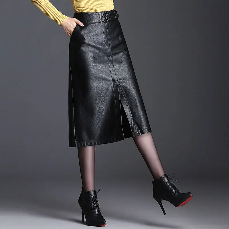 

2021 Women Black PU Leather Skirt New Mid High Waist Bodycon Skirt Ladies Office Pencil Skirt Knee Length Plus Size 4xl H1014