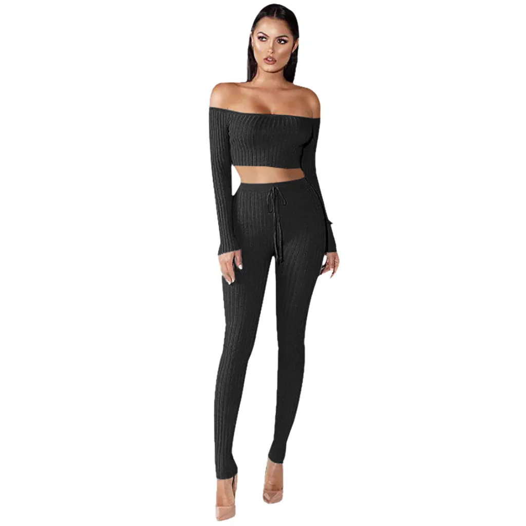

Womail Tracksuit Women Sexy Slash Neck Long Sleeve 2 Piece Set Drawstring Off Shoulder Tracksuit Bodycon Long Pant Female Outfit