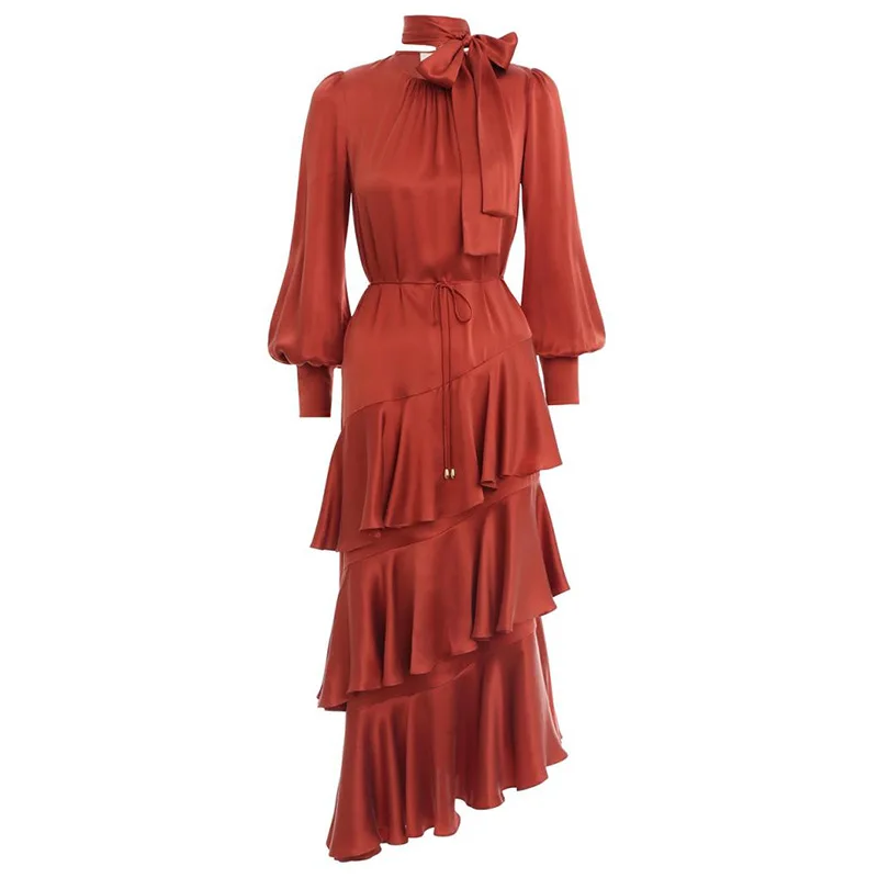 High Quality New Designer Women Runway Dress Long Sleeve O Neck WIth Bow Cascading Ruffle Women Elegant Midi Long Dress Vestidos