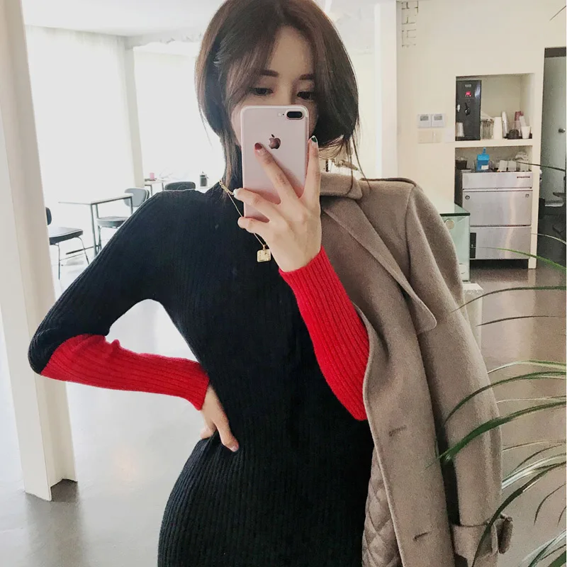 

Banulin Autumn Winter Knit Turtleneck Women Sweater Dress Elegant Chic Slim Long Sleeve Warm Knit Dress Bodycon Sweater Dresses
