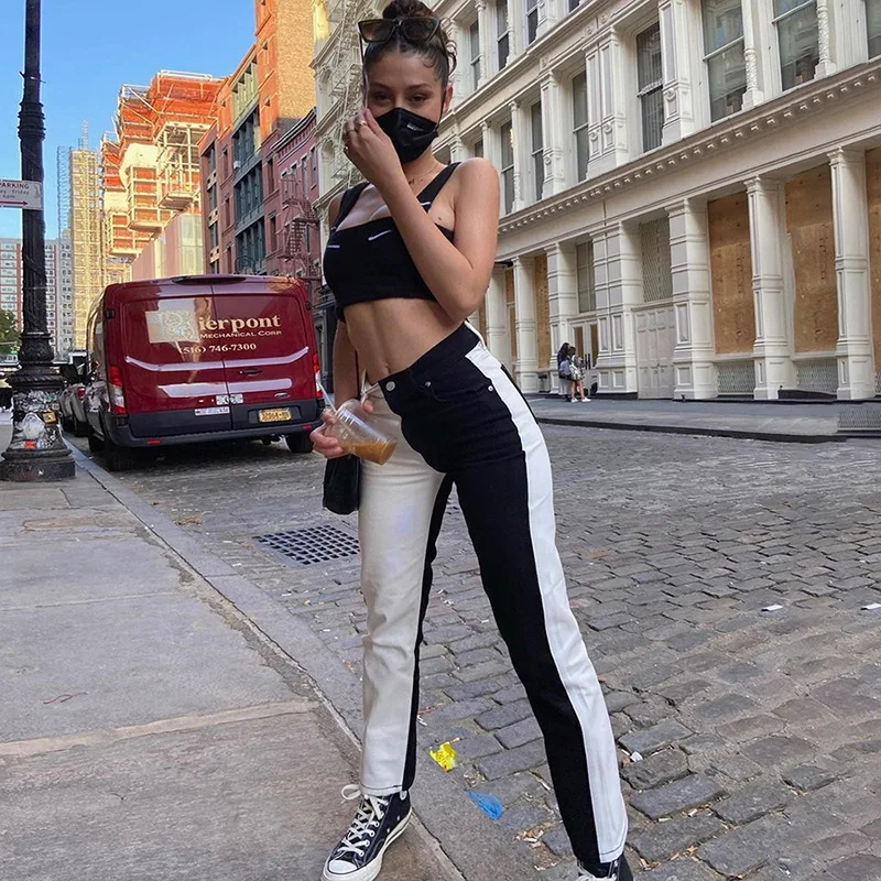 

Baldauren Patchwork Women High Waist Jeans Straight Pants Streetwear Fashion 2021 Autumn Winter Trousers Lady Casual