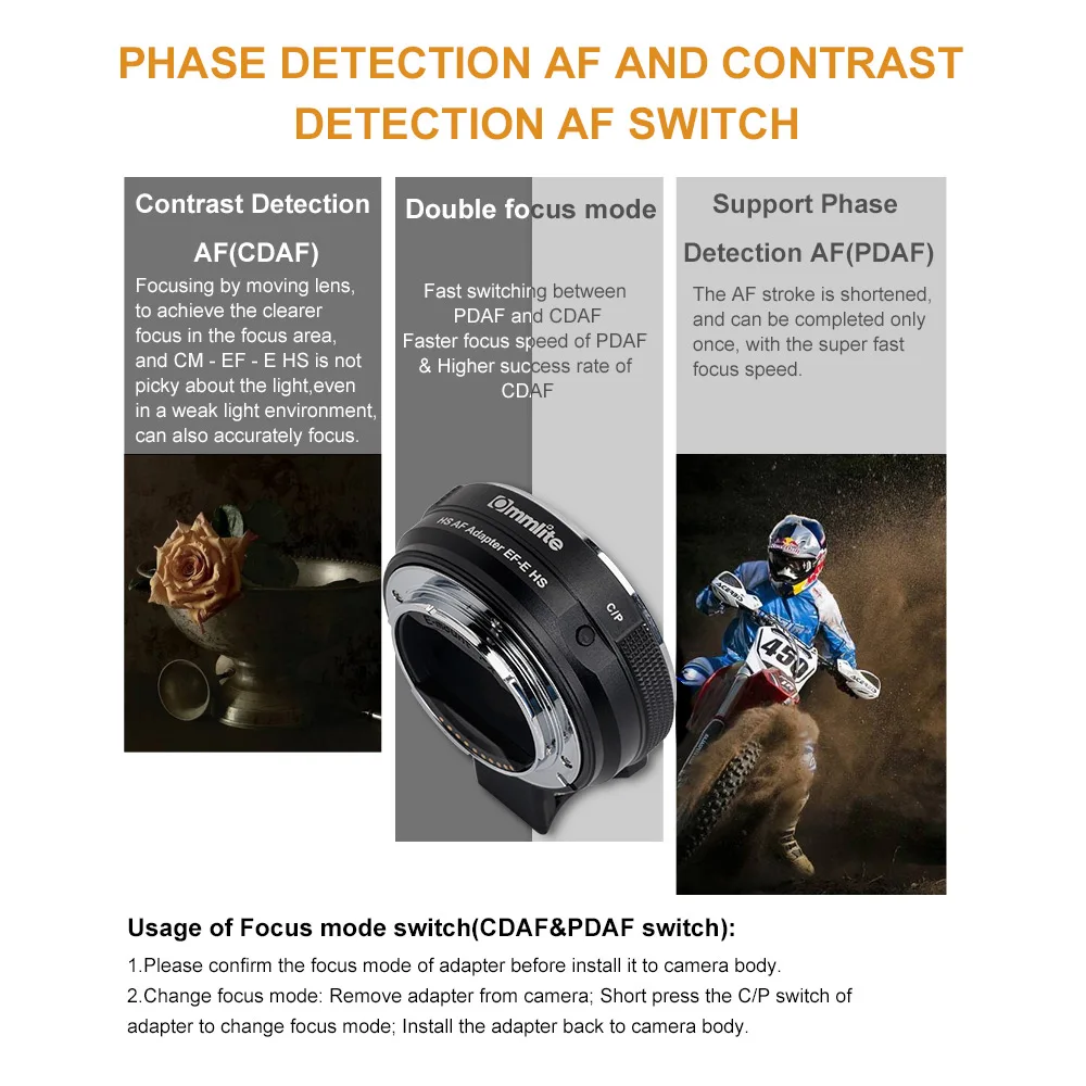 

Commlite CM-EF-E HS Electric High Speed Lens Mount Adapter Ring AF Auto Focus for Canon EF/EF-S Lens to Sony E-Mount Camera