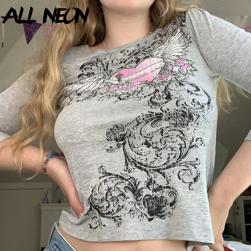 

ALLNeon Grunge Punk Aesthetics Graphic Print Long Sleeve T-Shirts Streetwear Vintage Cute O-neck Grey Crop Tops Indie Tees Slim