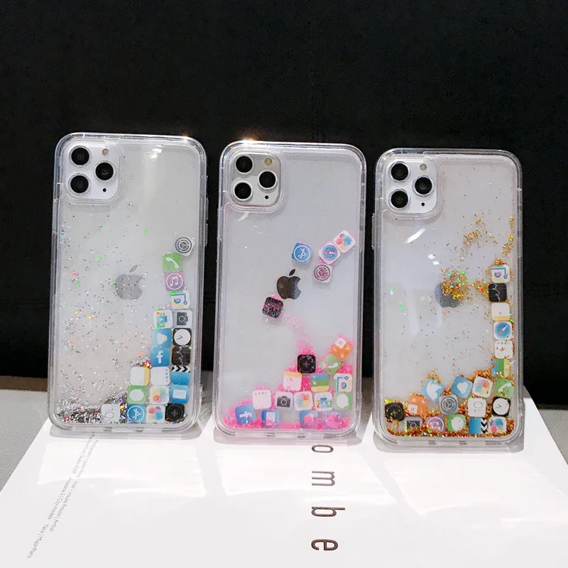 

App Icon Dynamic Liquid Glitter Quicksand Clear Case Cover For iPhone 11 Pro Max 7 8 Plus XS XR XSMAX Phone Case