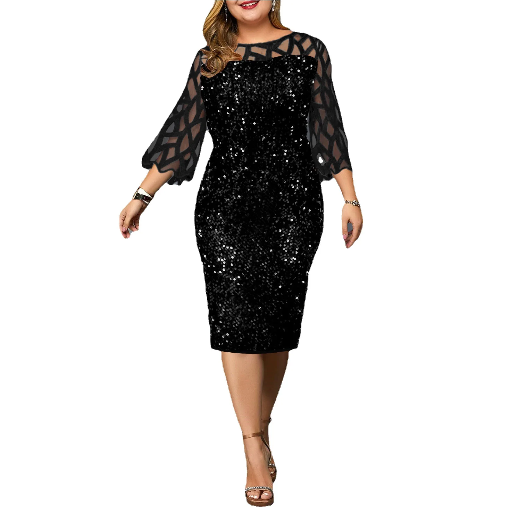 

WEPBEL Dress Women's Sexy O-Neck Stitching Sequined Slim Dress Summer Three Quarter Sleeve Gauze Party Dress Plus Size