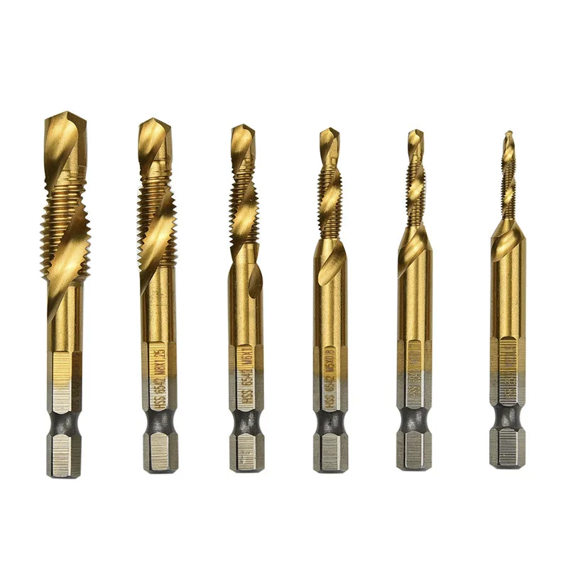 

6pc Titanium Combination Tap Drill M2 Hss Screw Spiral Point Thread Metric Plug Drill Bits M3-M10 Metal Steel Cut 1/4" Hex Shank