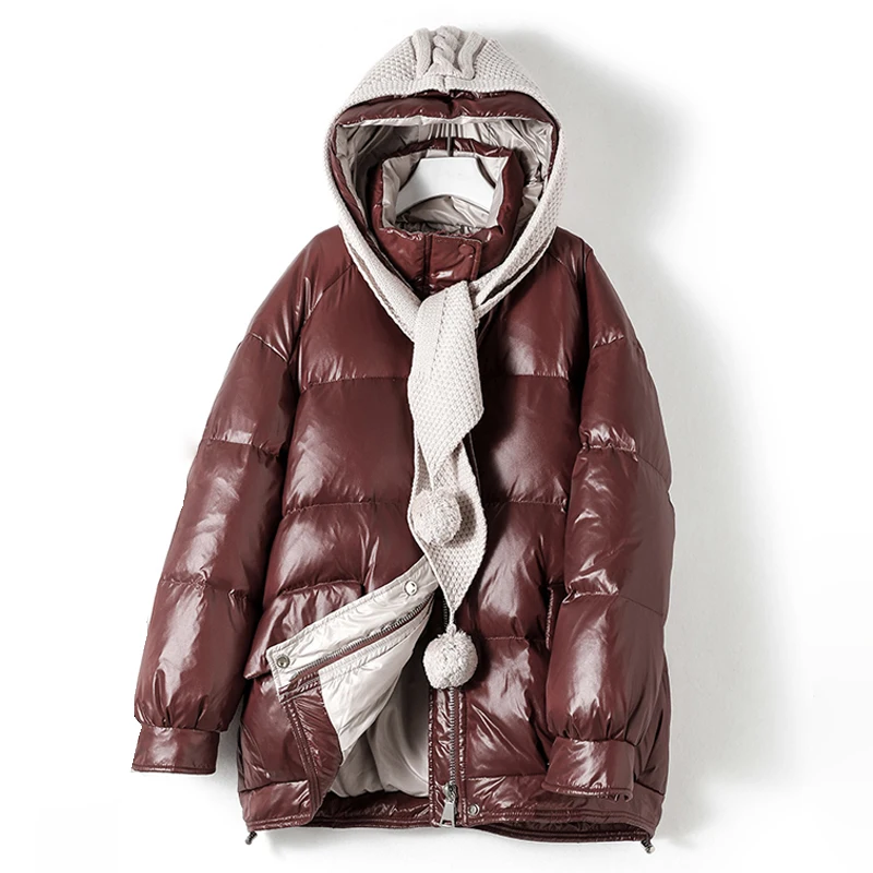 

White Duck Down Coat Women 2021 New Fashion Winter Vintage Thicken Warm Oversize Knitted Hooded Puffer Jacket Casual Short Parka