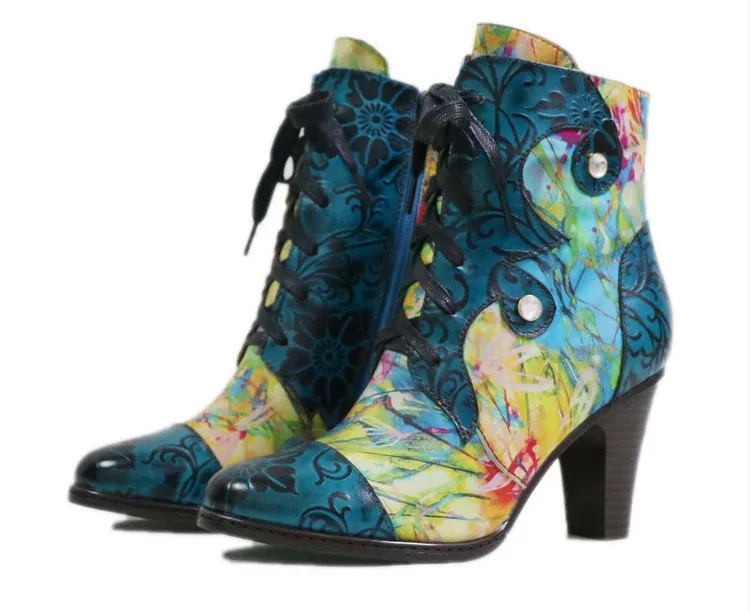 

Hand-painted Genuine Leather Ankle Boots Women Shoes Pointed Toe Square Heel 2020 New Winter Cross-tied Women Boots