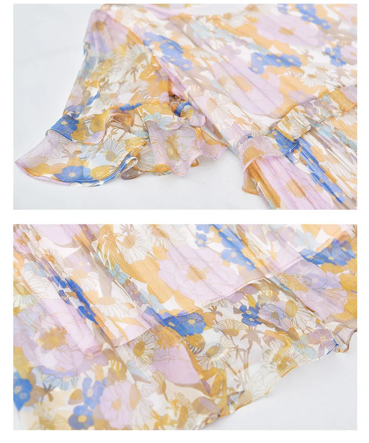 

L912NT672 Women Summer Clothes Model Fashion Lady Popular Floral Mid-Length Waist Hugging Round Neck 100% Silk Dress