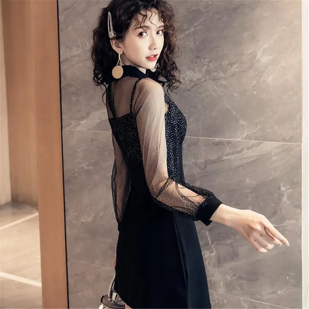 Женское платье летнее весеннее Осеннее Сетчатое кружевное черное Короткое мини