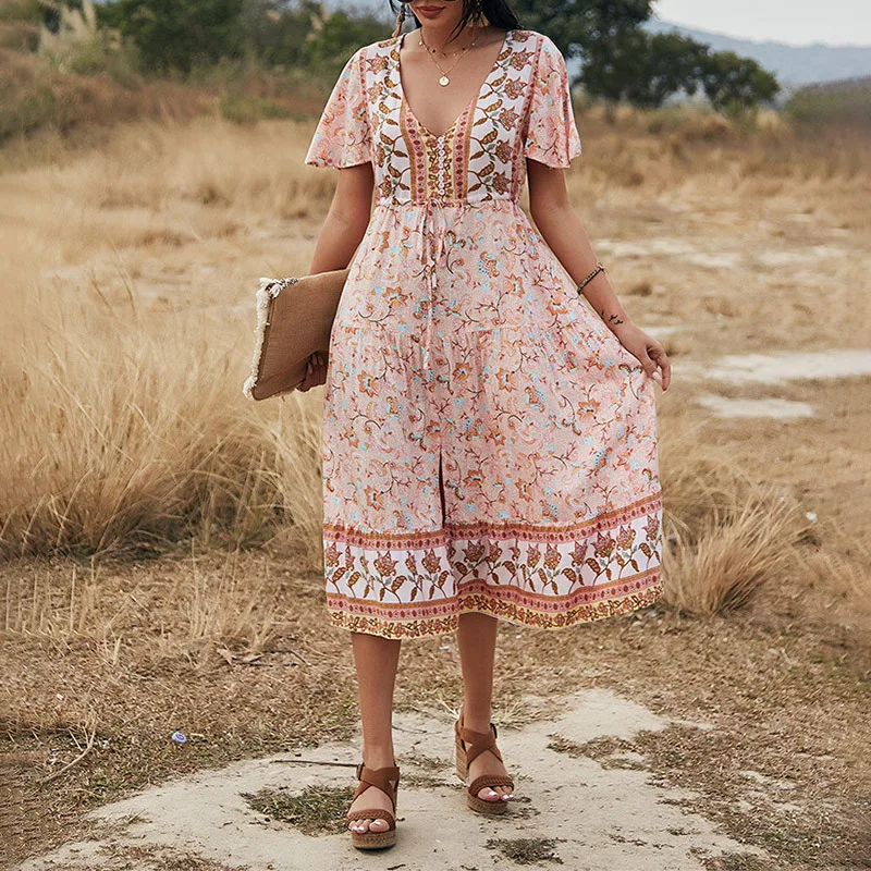 

2021 Women Floral Print Dress Short Sleeve Button Summer V Neck Enthic Beach Casual Girl Female Drawstring Maxi Chiffon Dresses
