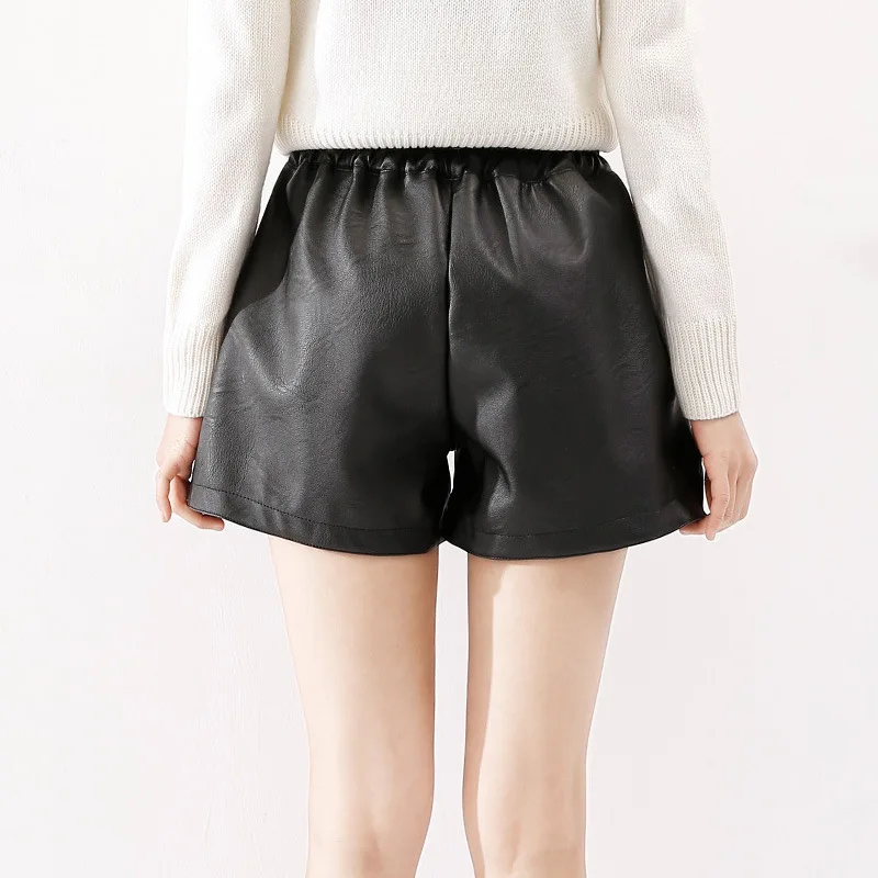 

2021 Brand new autumn winter women's Leather pants short high-waist Pants For female wide-legged leather shorts