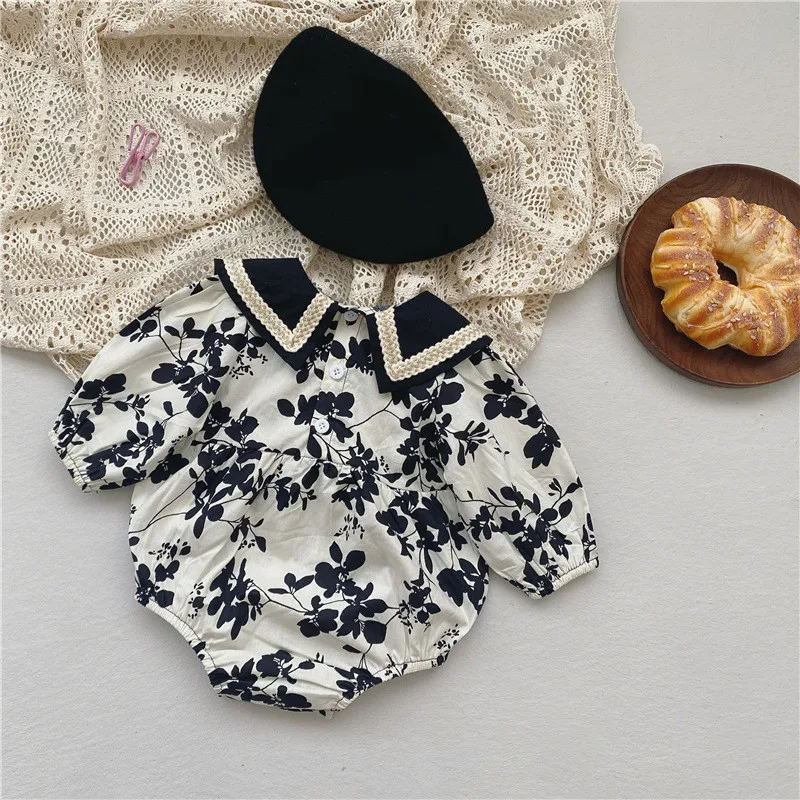 Newborn Cotton Bodysuit Infant Linen Overalls Jumpsuit Toddler Girl Clothes 2021 Korean Long Sleeve Baby Floral Romper Outfits