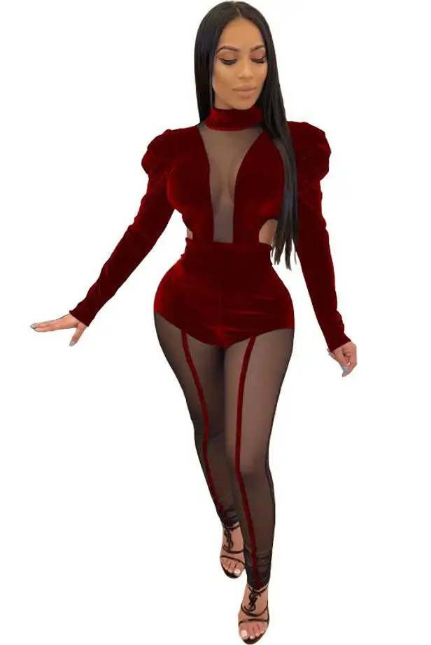 Женский бархатный комбинезон в стиле пэчворк прозрачный сетчатый с пышными