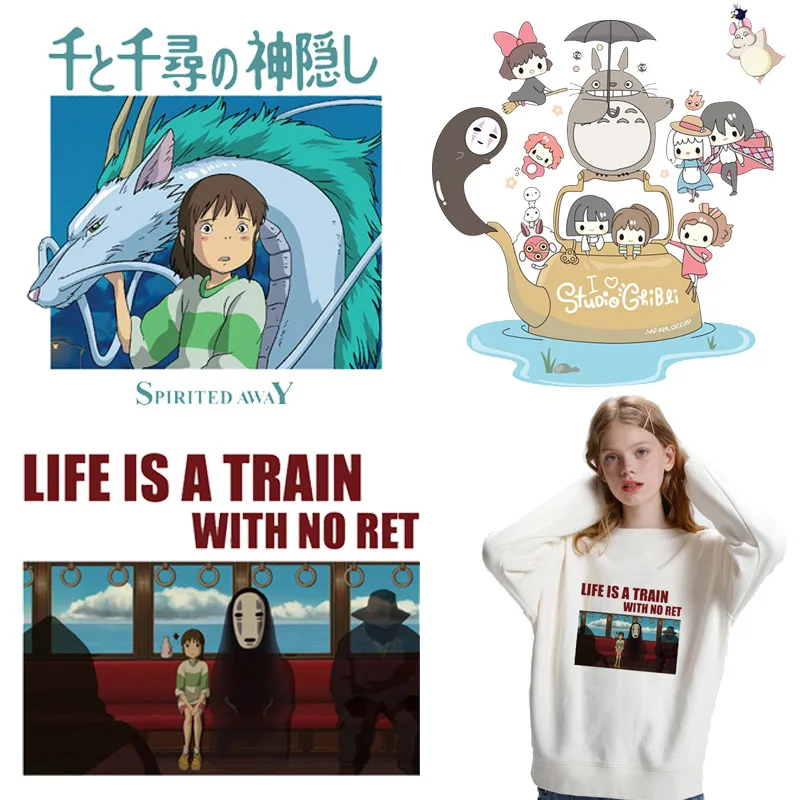 Наклейки на ткань Japan Spirited Away Patch Stickers Iron On Transfer For Clothes Anime Kids T shirt Heat Thermo Parches Stripe on.
