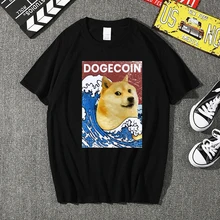 Digital printing wave dogecoin t-shirt men's fashion personality Harajuku casual loose breathable cotton round neck T-shirt