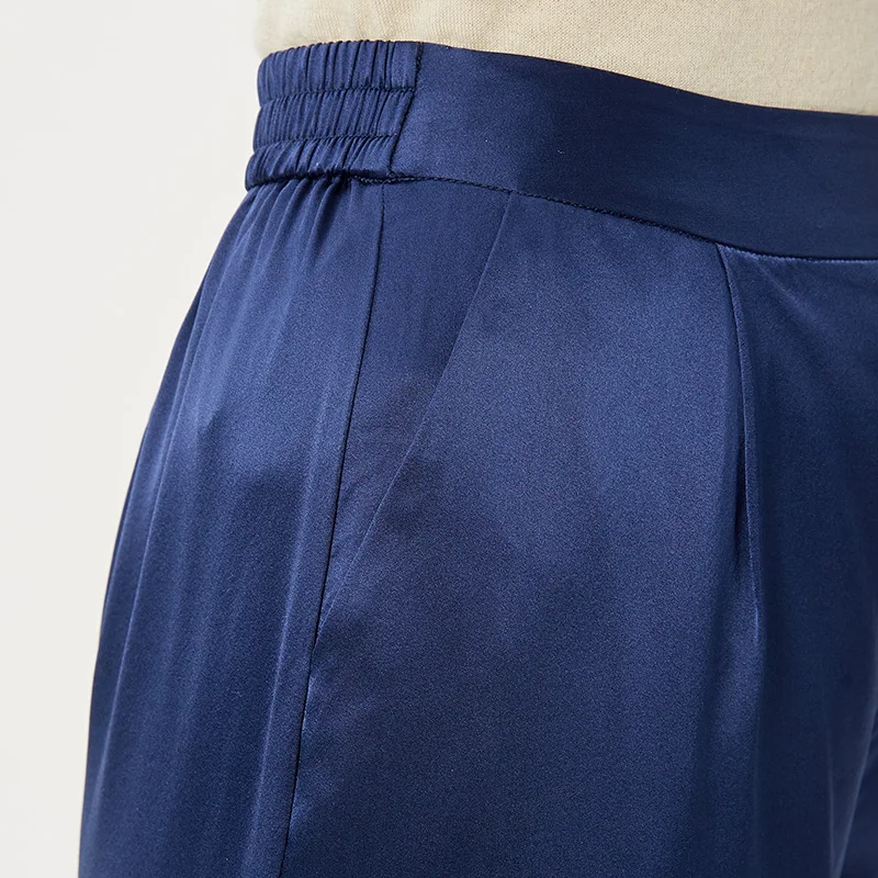 

VOA Satin 19m/m Stretch Silk Dark Blue Xie Cha Dai Elastic Simple Smooth Seven Feet Pants K0153 Streetwear Women Pants
