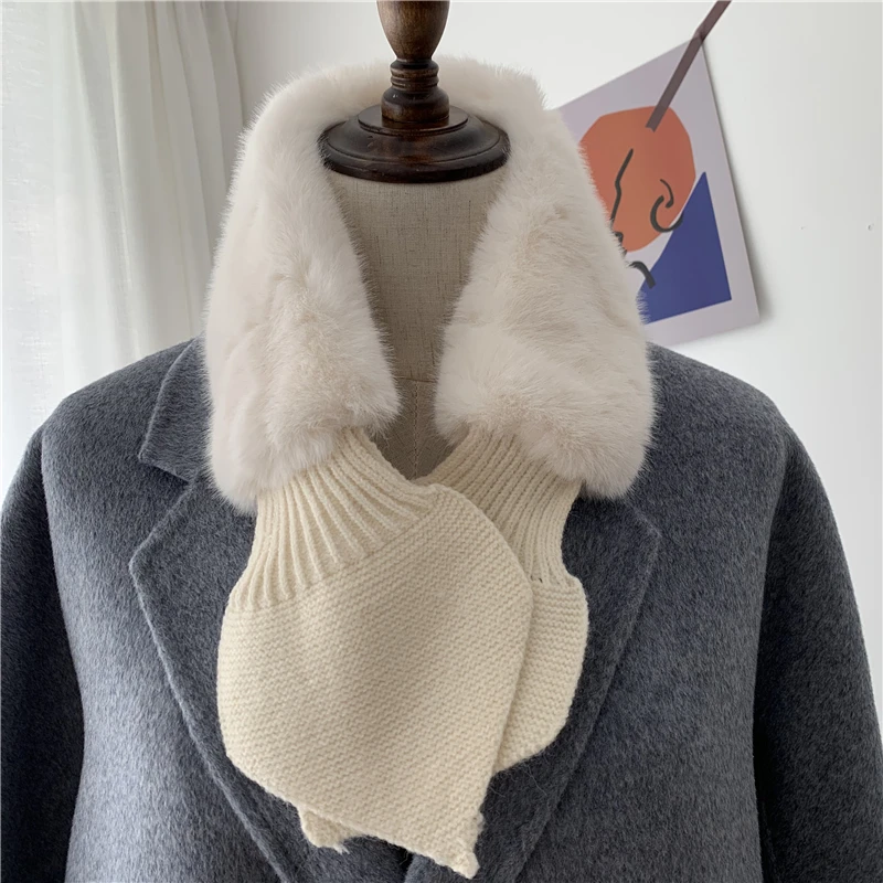 

Korean Women Bow Plush Knit Wool Warm Scarf Winter Faux Rabbit Fur Thicken Windproof Cross False Collar Neck Guard Scarves O77A