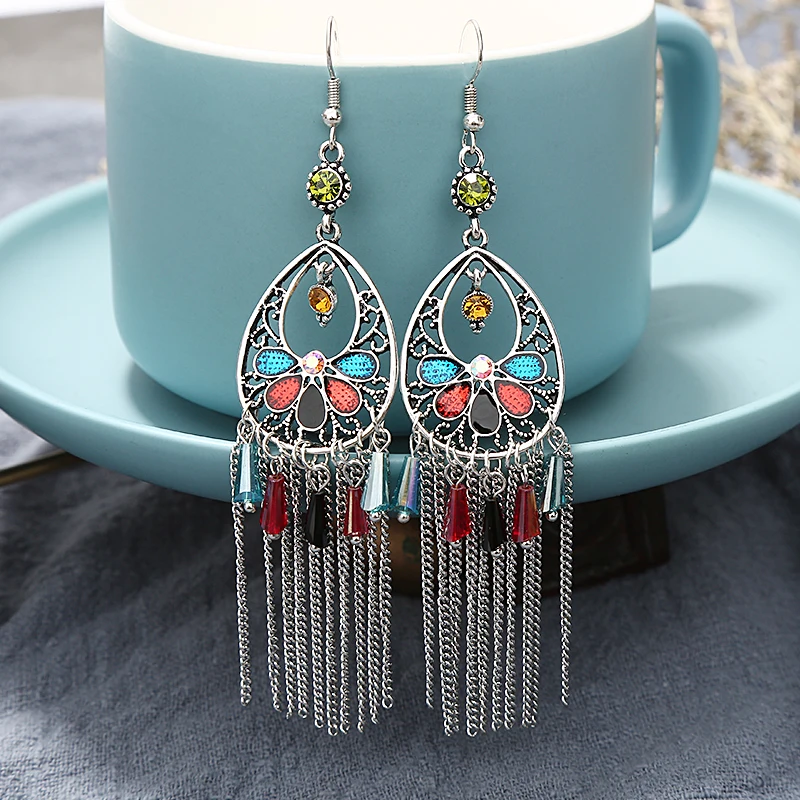 Винтажные индийские этнические серьги длинные серьги-подвески цветок