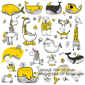 BlessLiving Kids Cartoon Bedding Set Hipster Doodle Animal Duvet Cover Cat Dog Dachshund Home Textiles Yellow Whale Bedspreads 3