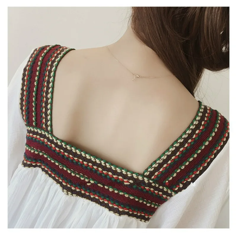 

Fat Mm National Style Ribbon Splicing Middle Length Chiffon Blouse Summer Fashion Large Loose Square Collar Middle Sleeve Top