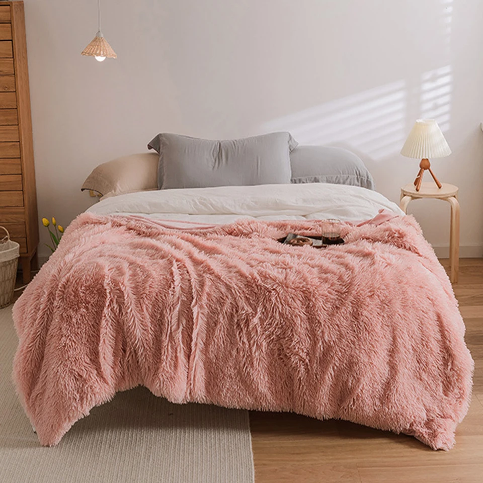

Soft Plush Throw Blanket Smooth Warm Blanket for Bed Sofa Furry Winter Bedspreads Faux Fur Pink Blankets Girls Bedding koce