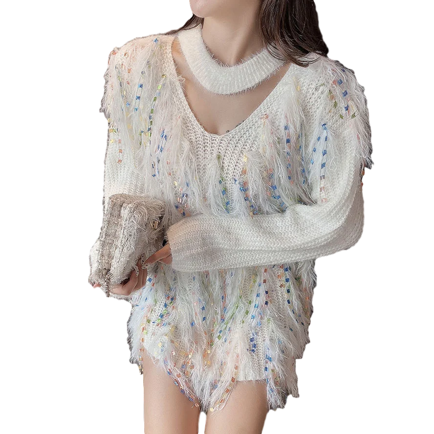 

2020 Autumn New Design Sense Color Furry Tassel Pullover Sweater Western Loose Wild Long-sleeved Sweater GX1243