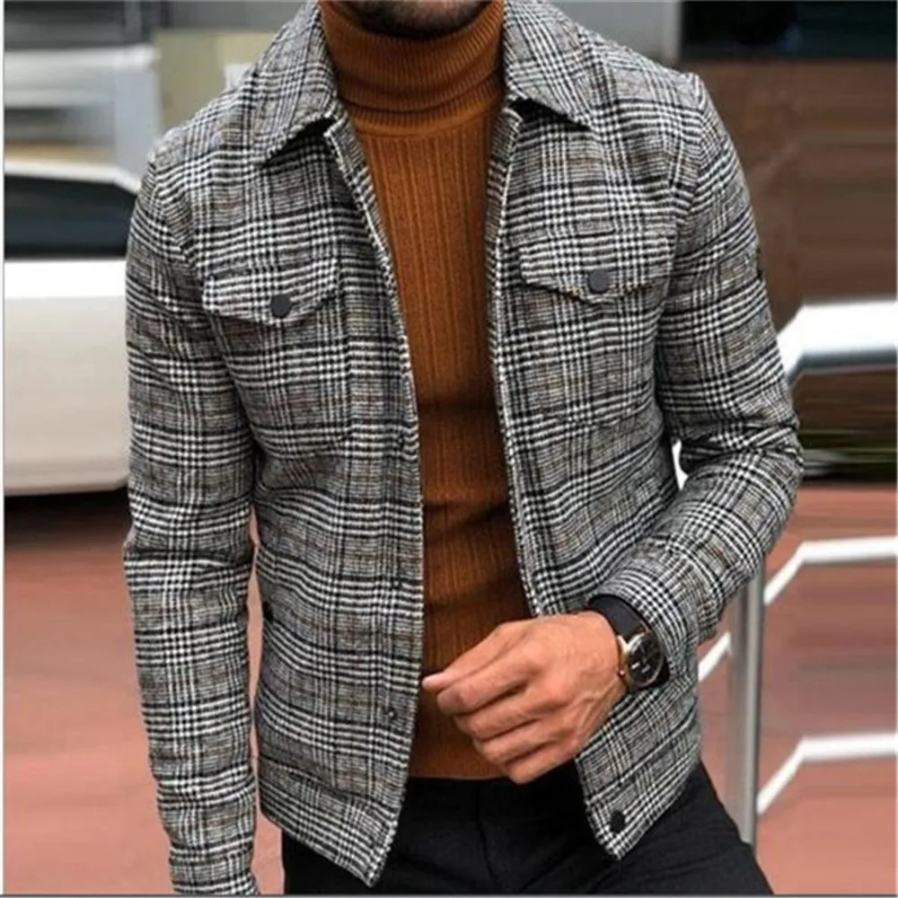 

2021 New Hot Cross-Border Autumn Youth Men's Clothing Slim-Fit Lapel Fashion Plaid Jacket Clothes Top