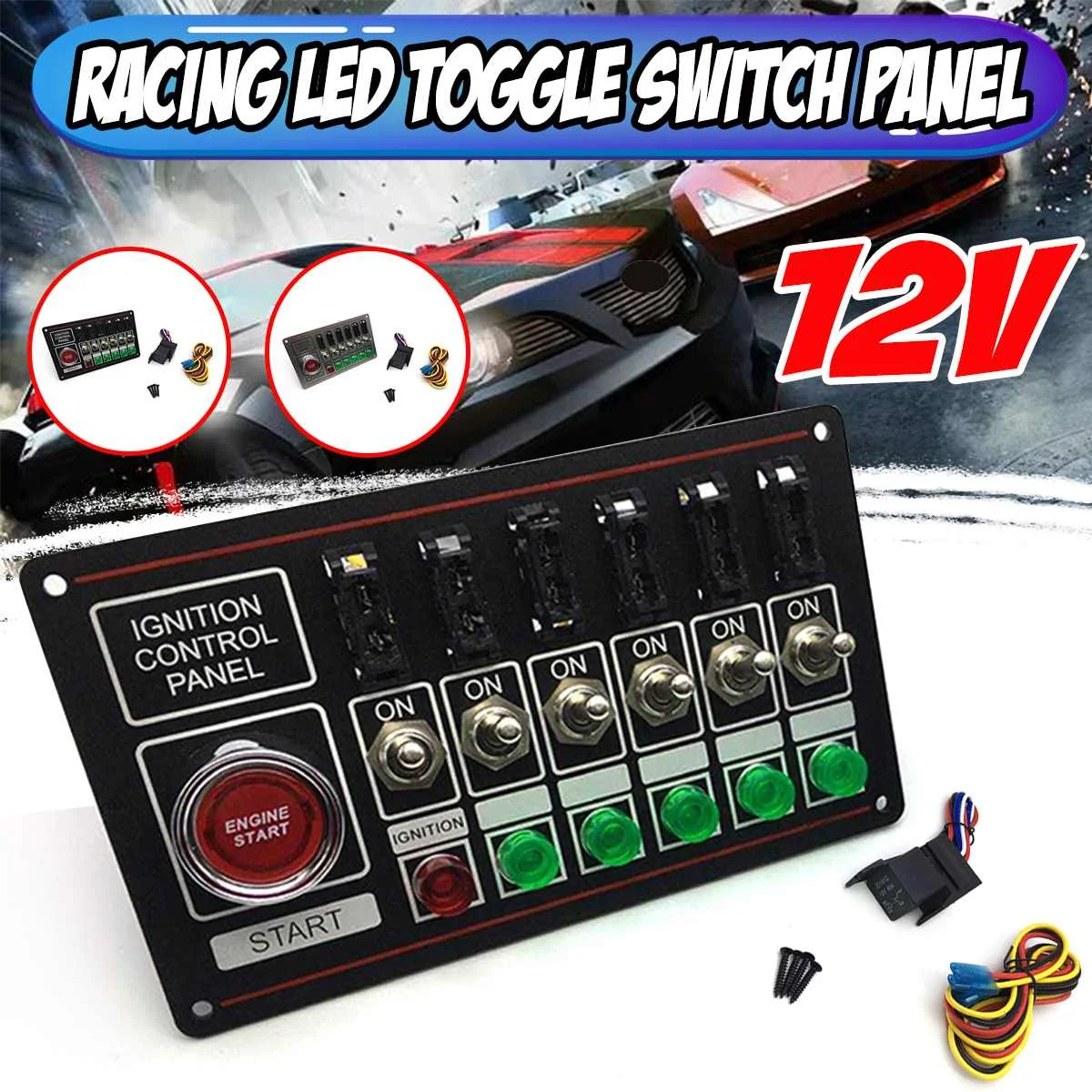 

12V Racing Car Rocker Push Switch Panel 6 Toggle Quick Off Switch Ignition Engine Start Button Fused Switch with Indicator Light