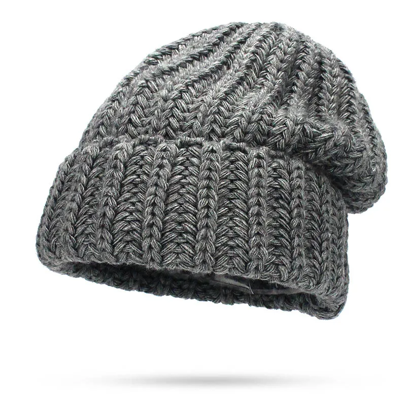 Leisure Fashion The New Hat For Women's Autumn Winter Hats Increase Big Beanie Knit Wool Set Head Hat Acrylic Thick Line Caps - Цвет: Темно-серый