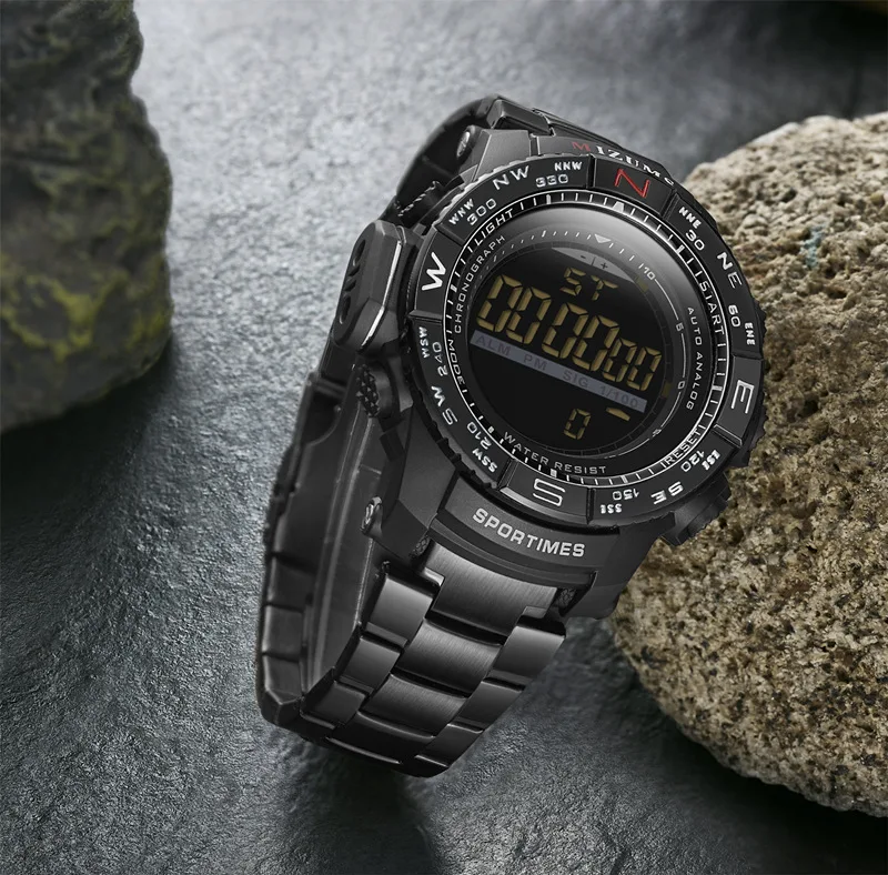 

MIZUMSLED Mens Digital Watch Black Stainless Steel Outdoor Sports Wrist Watch Top Luxury Brand Male Watches Multifunction Clock