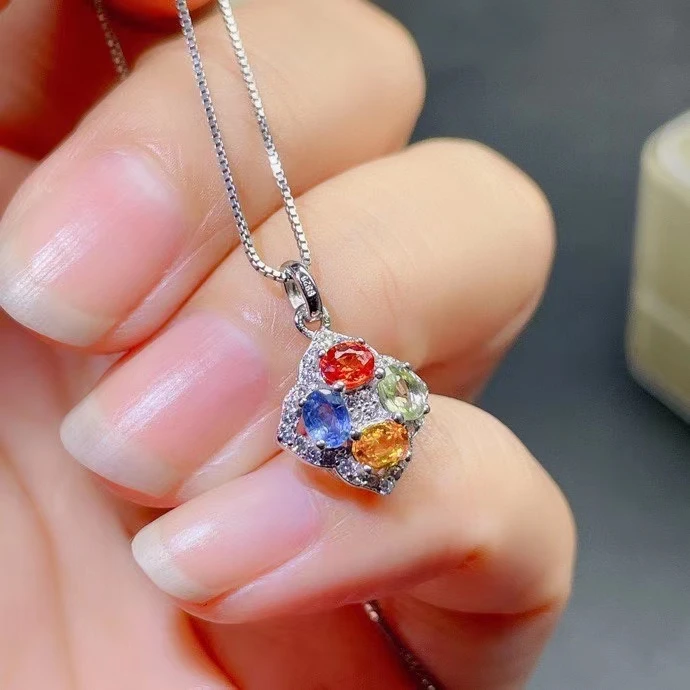 

Elegant lovely clover natural Multicolor sapphire pendant S925 silver Natural gemstone Pendant Necklace women gril jewelry