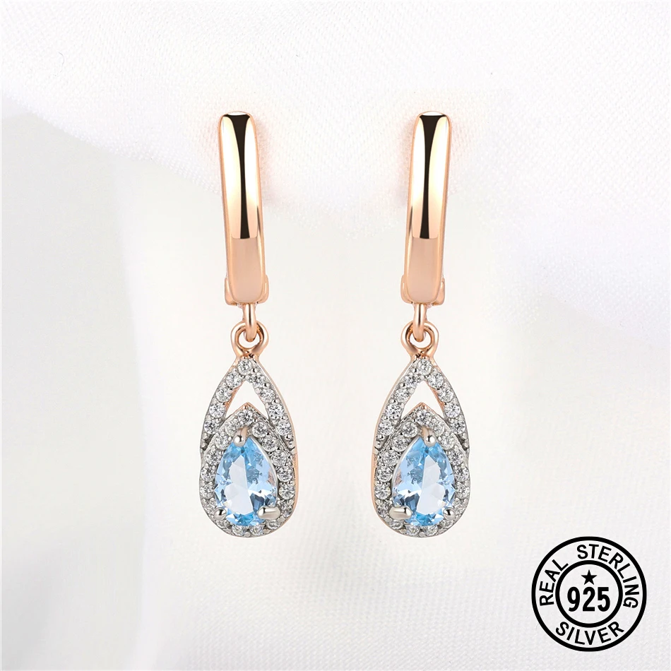 

925 Sterling Silver Blue Topaz Earrings Drop For Women Cteated Gemstone Rose Gold Two-tone Plated Luxury Fine Jewelry Accessory