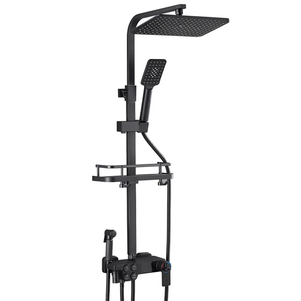 

Black Thermostatic Digital Display Shower Faucet Set Bathtub Tap With Bathroom Shelf Water Flow Power Generation