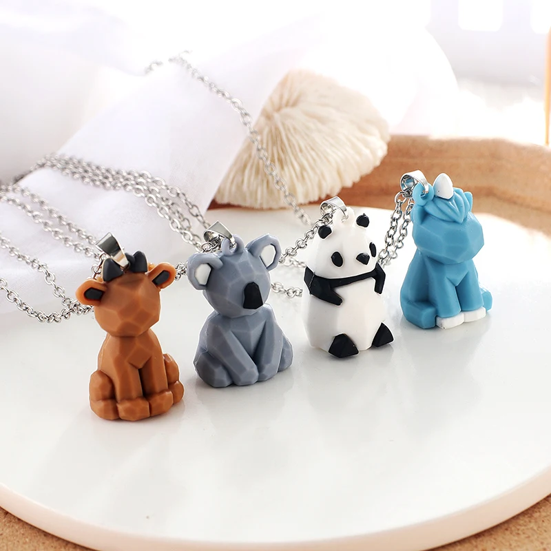 

3D Stainless Steel Cute Cartoon Animals Cat Rabbit Koala Unicorn Frog Fox Resin Silver Plated Alloy Necklace for Women & Kids