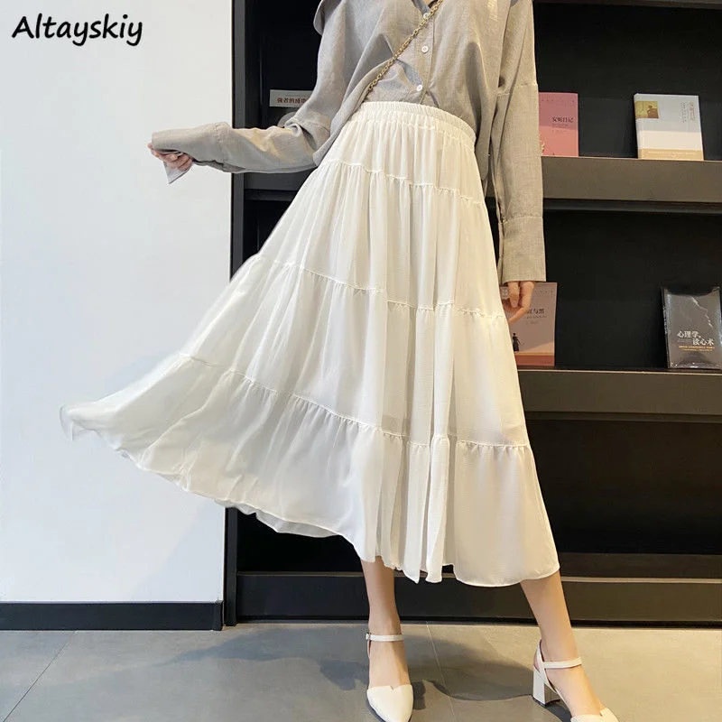 

Skirts Women Chiffon Solid Casual Female Ruffles Popular High Elastic Waist Pleated Chic Preppy Style All-match Fashion Summer